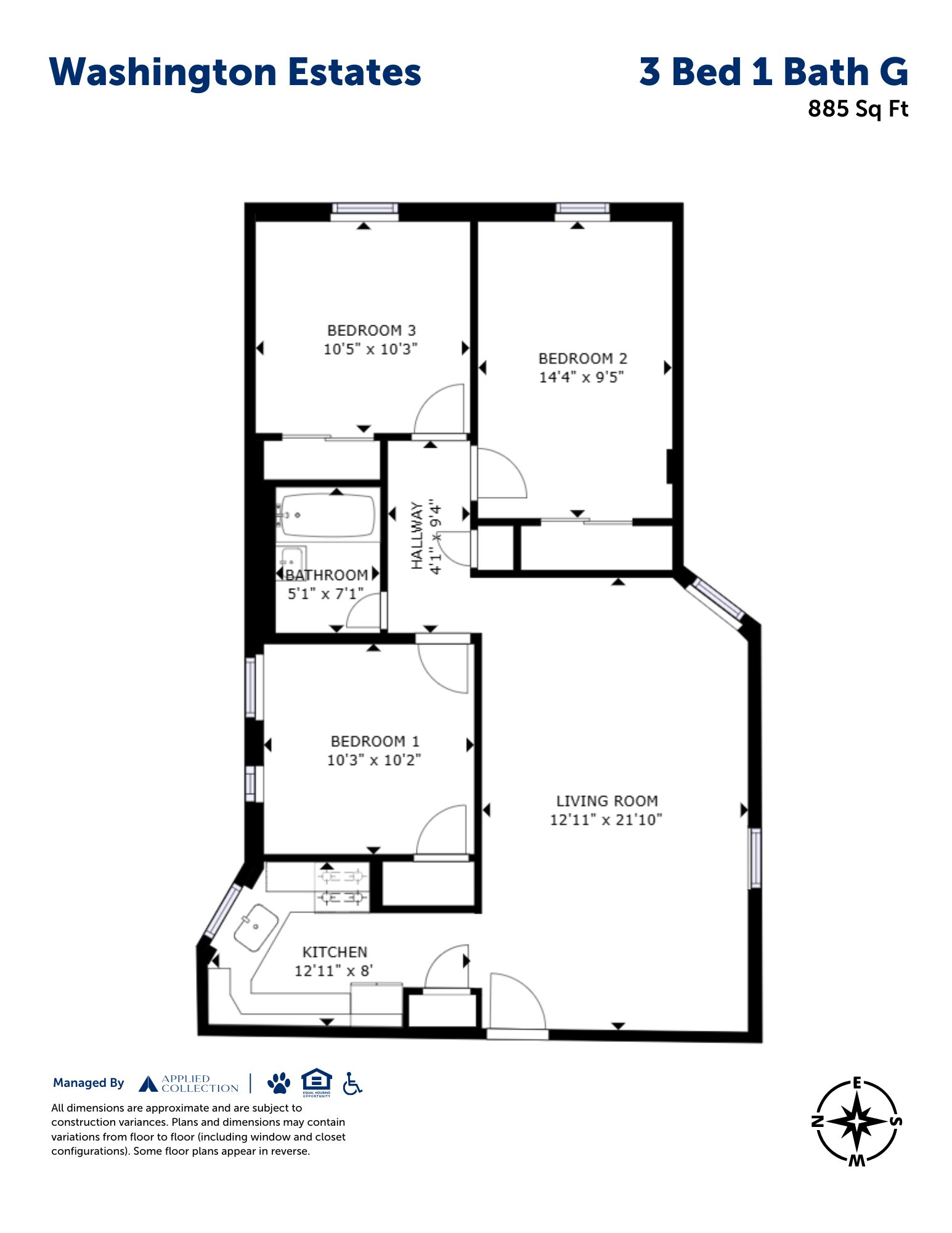 Floor plan for 3 beds, 1 bath, 885 sqft
